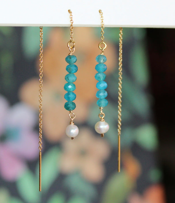 Freshwater Pearl and Apatite Threader Earrings