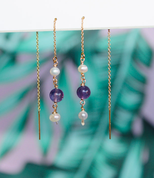 Freshwater Pearl and Amethyst Threader Earrings