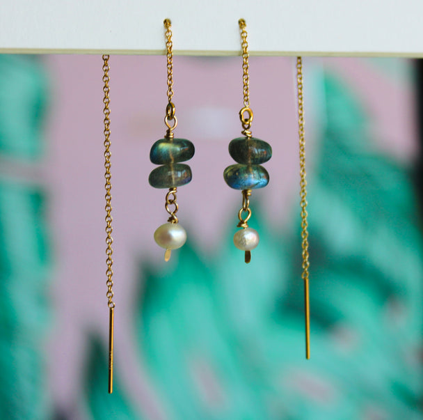 Emerald and Freshwater Pearl Threader Earrings