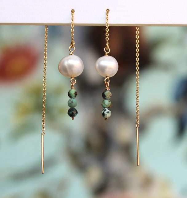 Mountain Jasper and Freshwater Pearl Threader Earrings