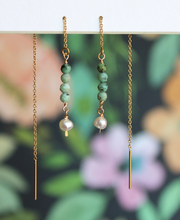 Mountain Jasper and Freshwater Pearl Threader Earrings