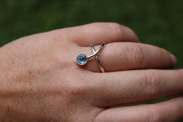Silver Crossover Band Ring with Swiss Blue Topaz