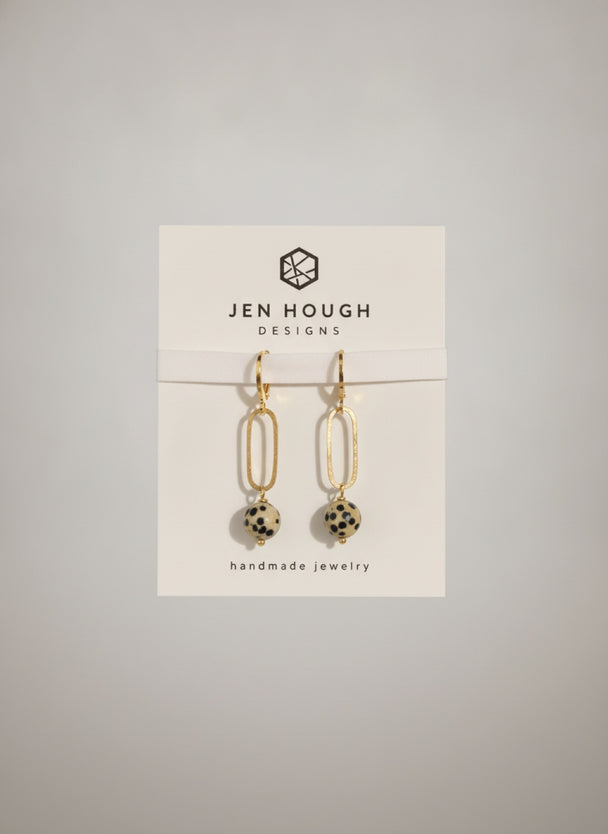 Open Oval and Dalmatian Jasper Huggie Earrings