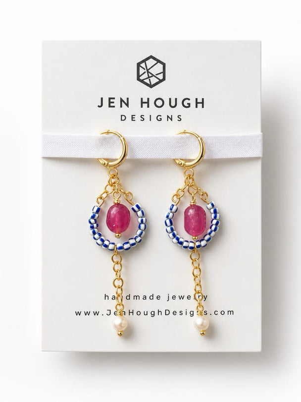 Pink Jade and Vintage French Glass Huggie Earrings