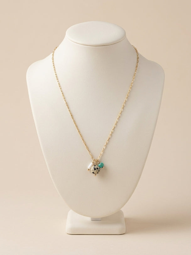 14k Yellow Gold Filled Necklace with Freshwater Pearl, Dalmatian Jasper, and Turquoise