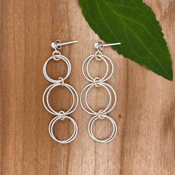 Three Double Twisted Silver Circles with Gold Fill Drop Earrings