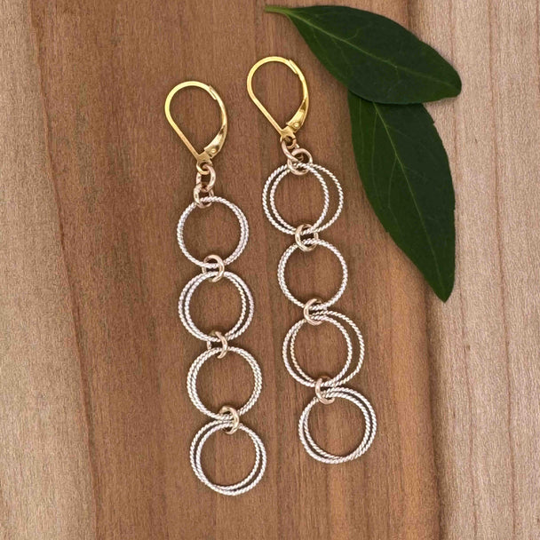 Four Double Twisted Silver Circles with Gold Fill Drop Earrings