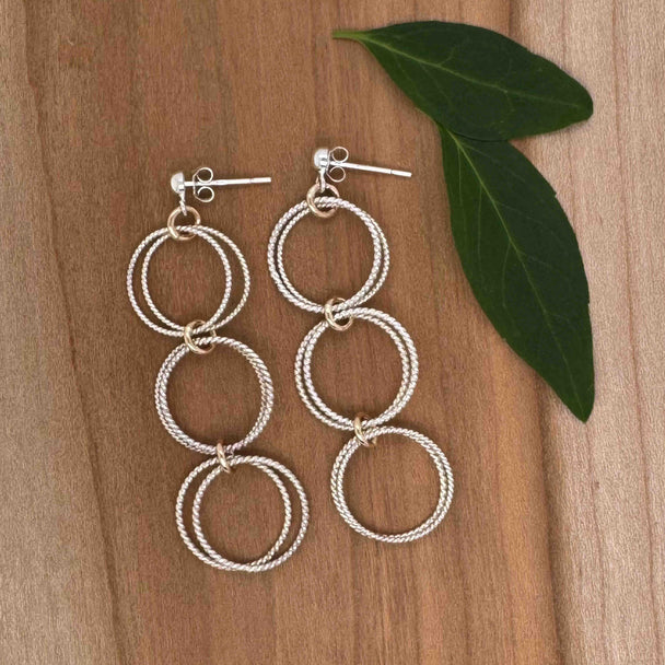 Three Double Twisted Silver Circles with Gold Fill Drop Earrings