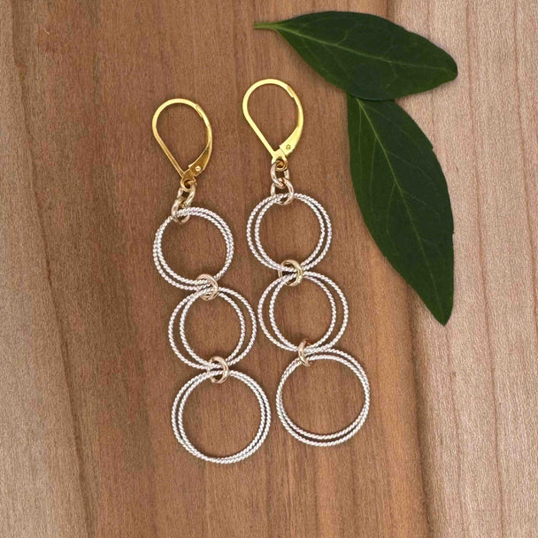 Three Double Twisted Silver Circles with Gold Fill Dangle Earrings