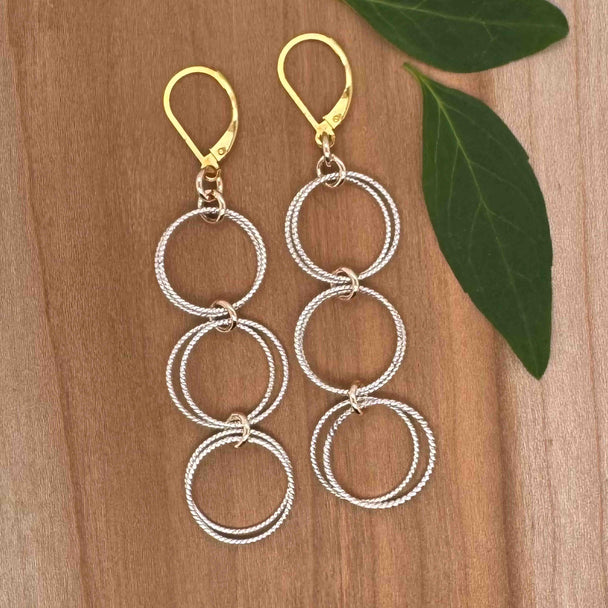 Three Double Twisted Silver Circles with Gold Fill Dangle Earrings