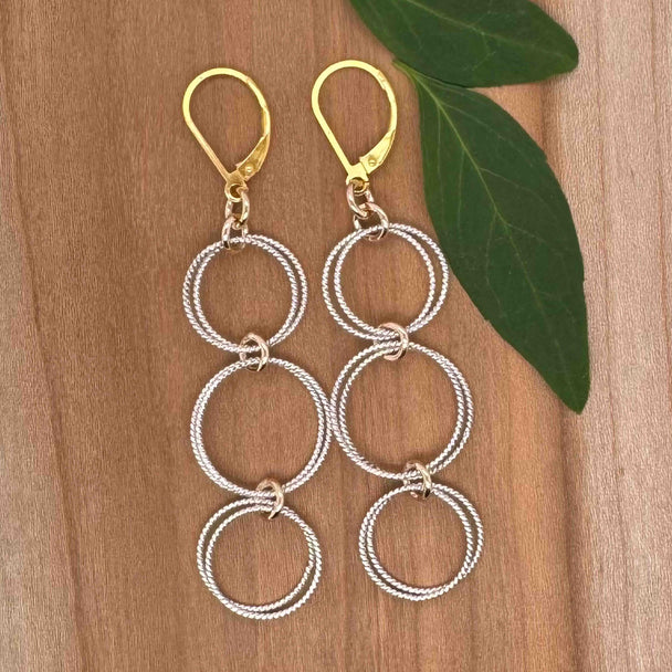 Three Double Twisted Silver Circles with Gold Fill Dangle Earrings