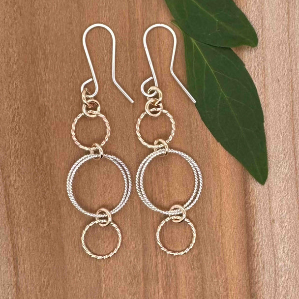 One Double Twisted Silver and Two Gold Fill Twisted Circles Dangle Earrings