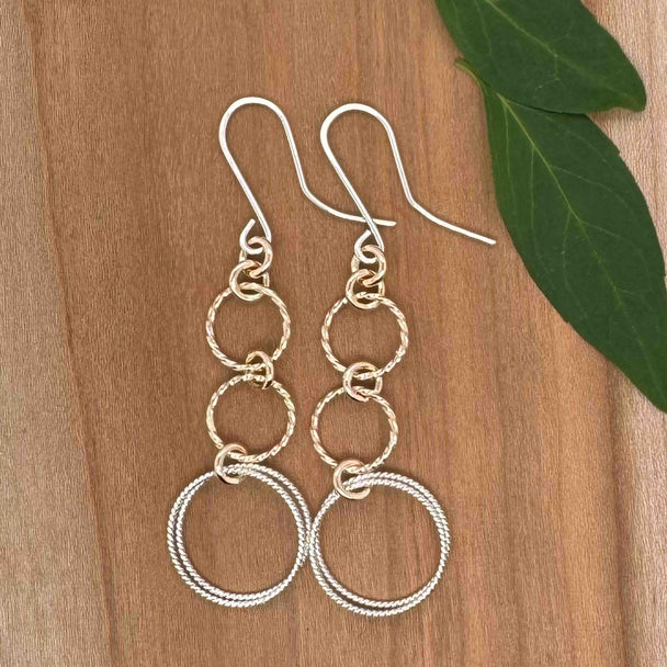 One Double Twisted Silver and Two Gold Fill Twisted Circles Dangle Earrings