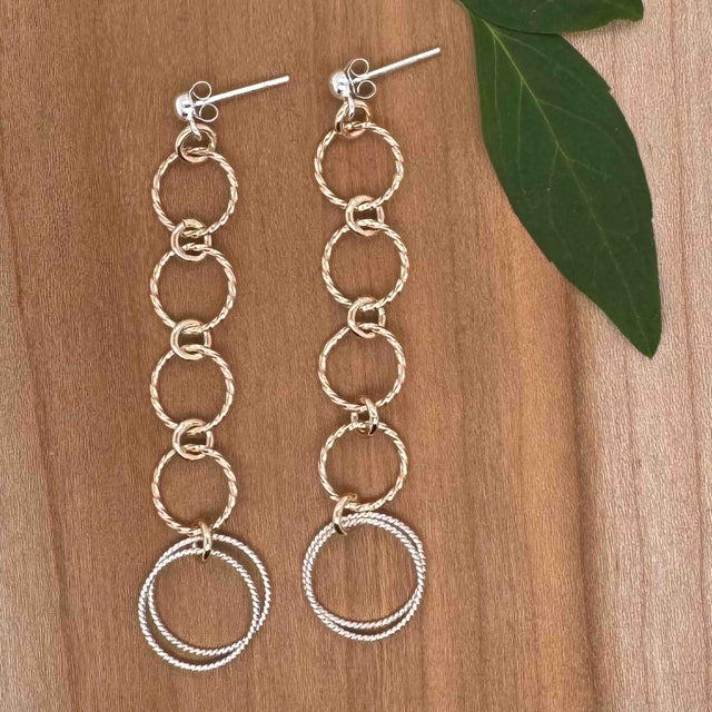 One Double Twisted Silver with Four Gold Fill Twisted Circles Drop Earrings