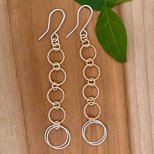 One Double Twisted Silver with Four Gold Fill Twisted Circles Dangle Earrings