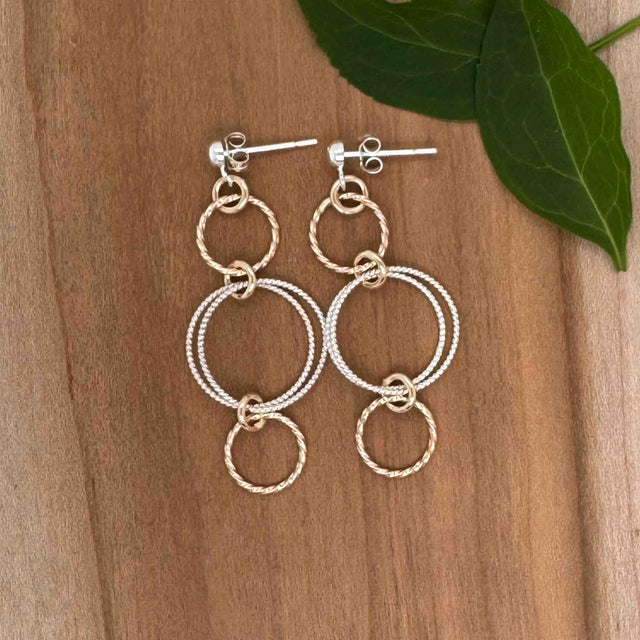 One Double Twisted Silver with Two Gold Fill Twisted Circles Drop Earrings