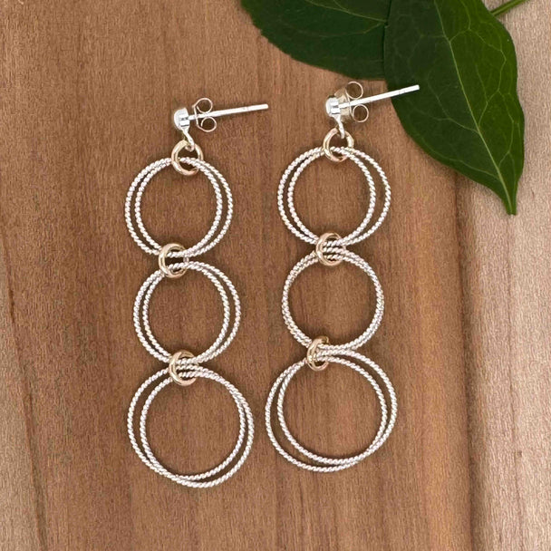 Three Double Twisted Silver Circles with Gold Fill Accent Drop Earrings