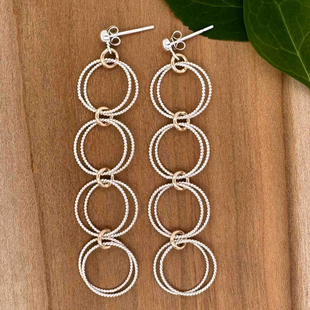 Four Double Twisted Silver Circles with Gold Fill Accent Drop Earrings