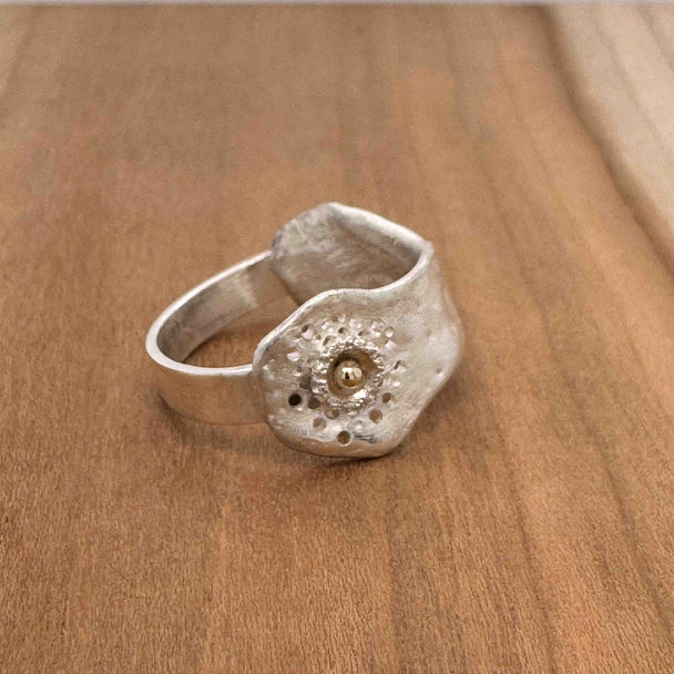 Brushed and Polished Silver Ring with 14K Gold Ball Ring