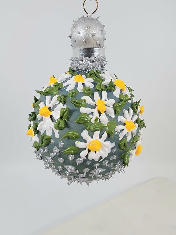 Daisy and Silver Dots on Blue Ornament