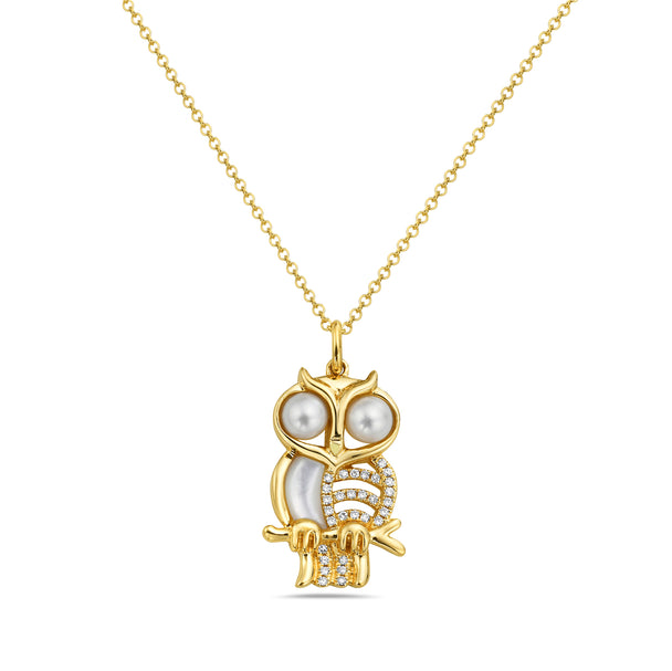Diamond and Pearl Owl Necklace