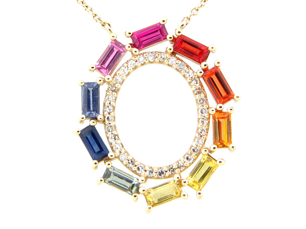 Rainbow Sapphire Baguette and Diamond Circle Necklace