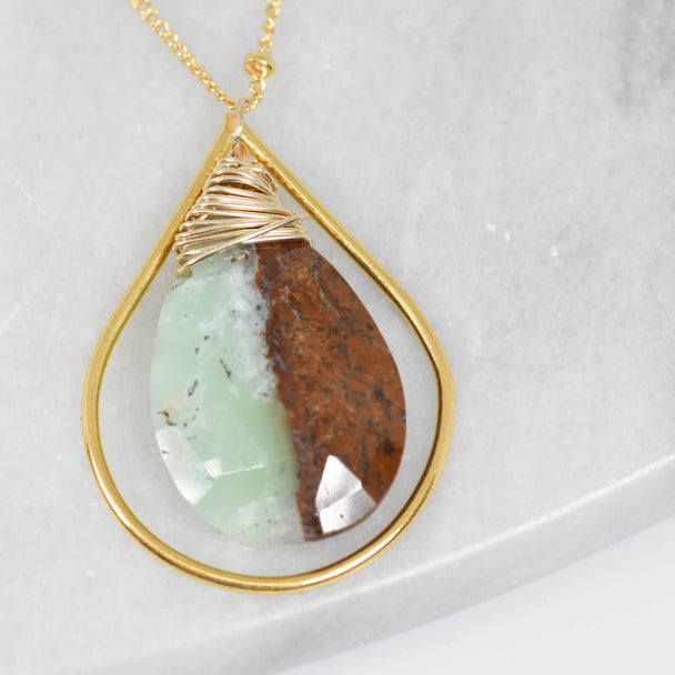 Gold Wrapped Boulder Chrysoprase Necklace