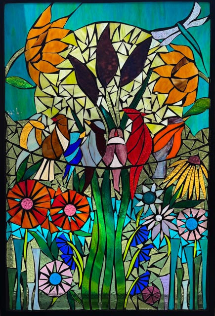 Happy Birds on a Wire Mosaic Window