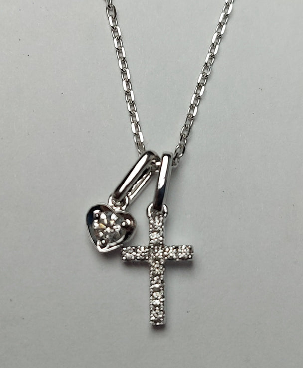 Diamond Cross Happy Heart Charm Pendant Necklace