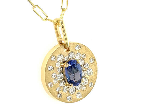 Blue Sapphire and Diamond Flush Disc Pendant