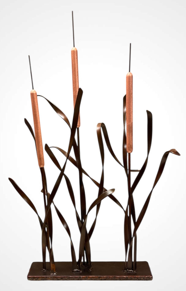 Small Steel and Copper sealed sculpture of cattails for a tabletop or pedestal