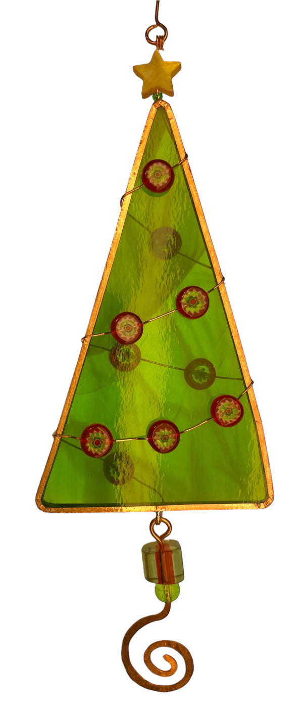Decorative stained glass Christmas tree with a star on top against a white background
