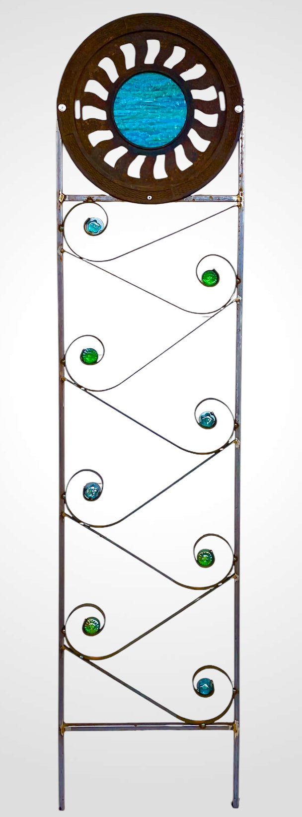 Turquoise and Green Glass and Antique Grate Trellis