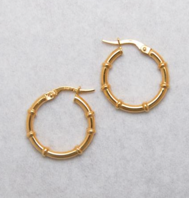 14K Gold 15mm Bamboo Hoop Earrings