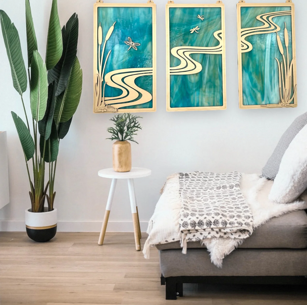 Winding River Triptych Glass Panel Window Hangings