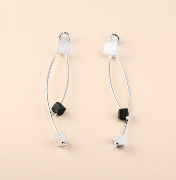 Onyx and Sterling Silver Dangling Cube Post Earrings
