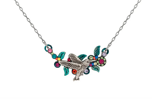 Hummingbird with Flower and Leaf Pendant Necklace