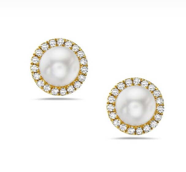 Pearl and Diamond Halo Post Earrings
