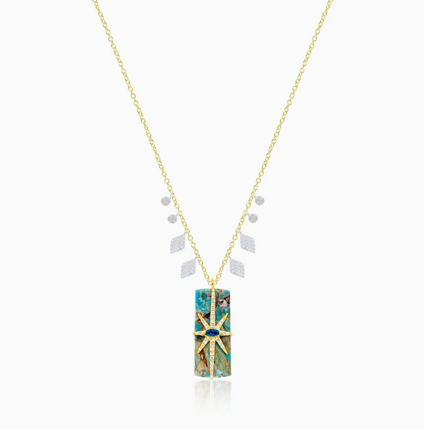 14K Yellow Gold Blue Azurite and Diamond Celestial Necklace