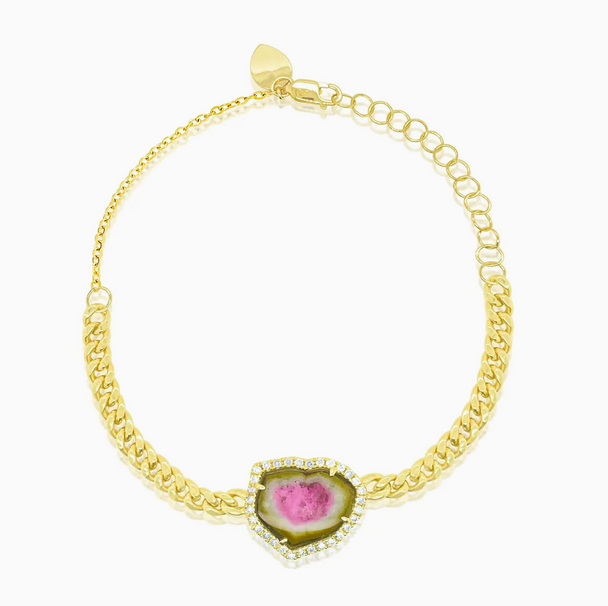 14K Yellow Gold Curb Chain Tourmaline Bracelet