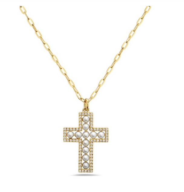 Pearl and Diamond Cross Necklace