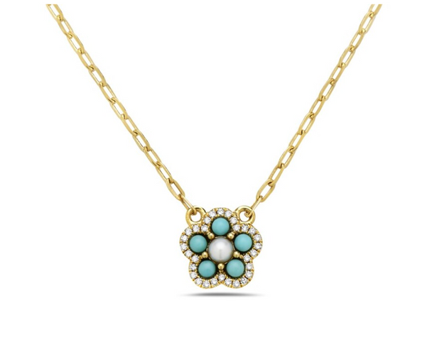 Turquoise and Pearl Flower Necklace