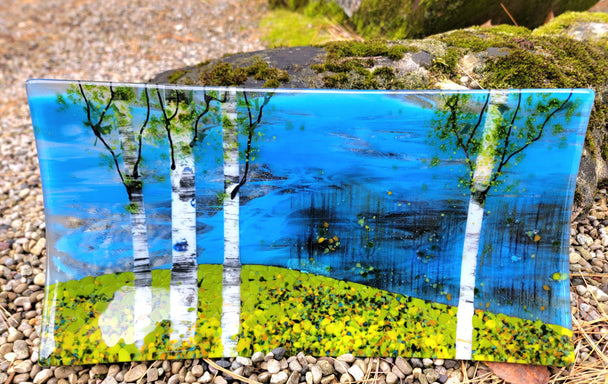 Blue Sky Four Birch Tree Rectangular Dish