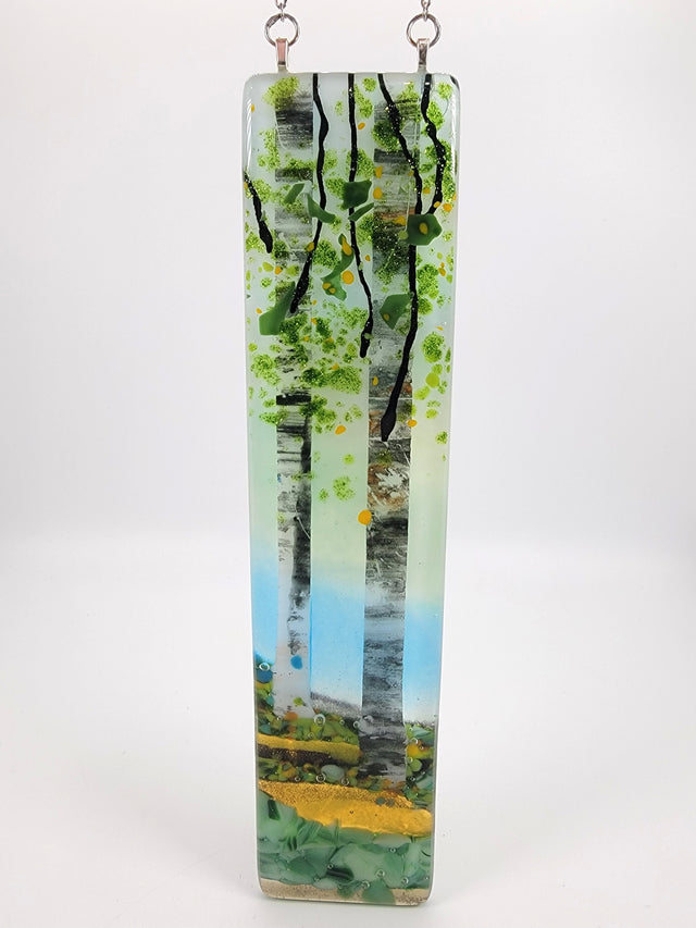 Misty Green-Blue Sky Double Birch Medium Window Hanger