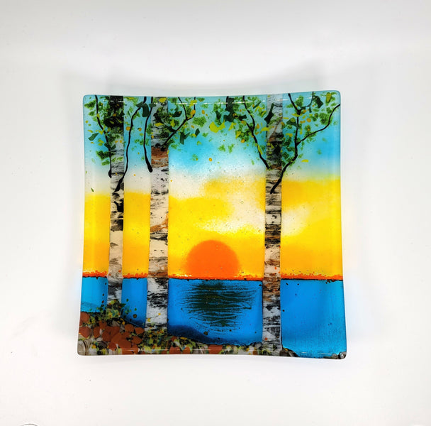Lake Sunset Triple Birch Tree Square Plate