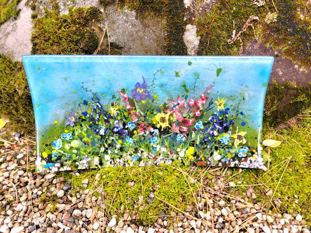 Decorative Fused and Painted Glass Plate with Blue Sky and Wildflowers
