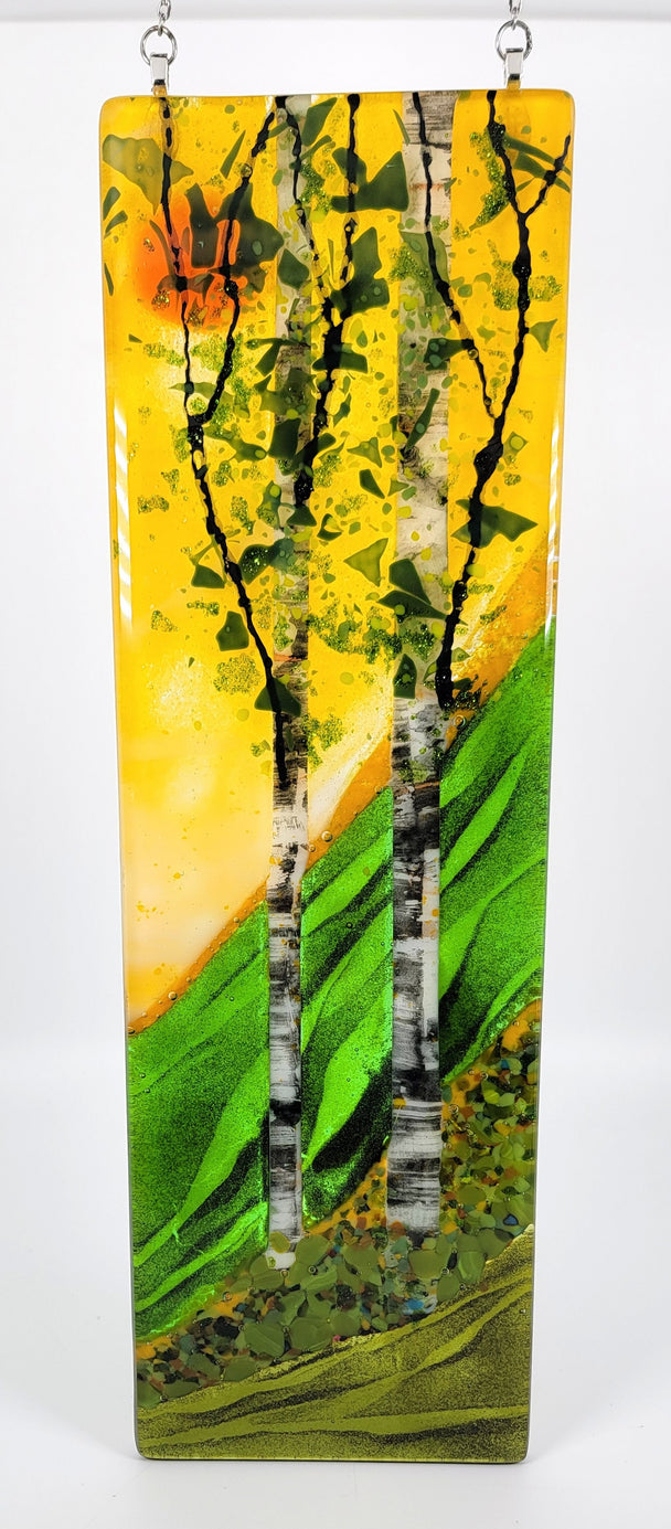 Yellow Sky Sunset Double Birch Tree Window Hanger