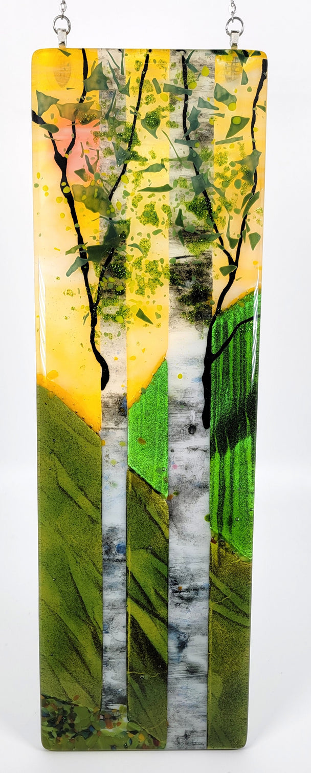 Yellow Sky Sunset Double Birch Tree Window Hanger