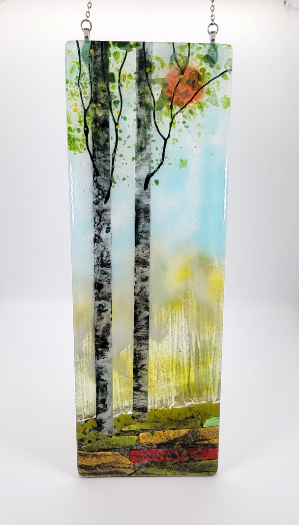 Sunset Landscape Double Birch Window Hanger