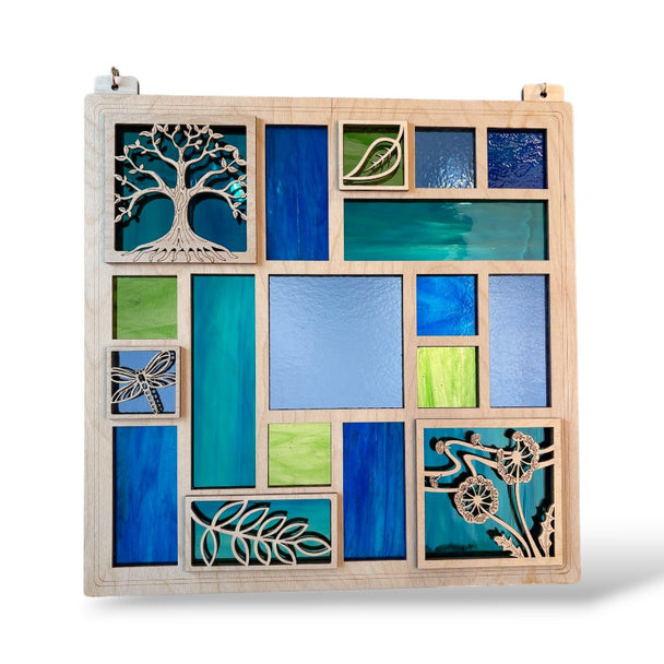 Green-Blue Square Quilted Glass Panel Window Hanging